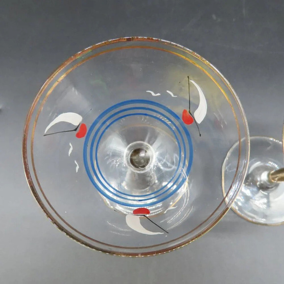 Hand painted Vintage Glass Martini Cocktail Set Italian Sailboats Gold Trim - Picture 7 of 10